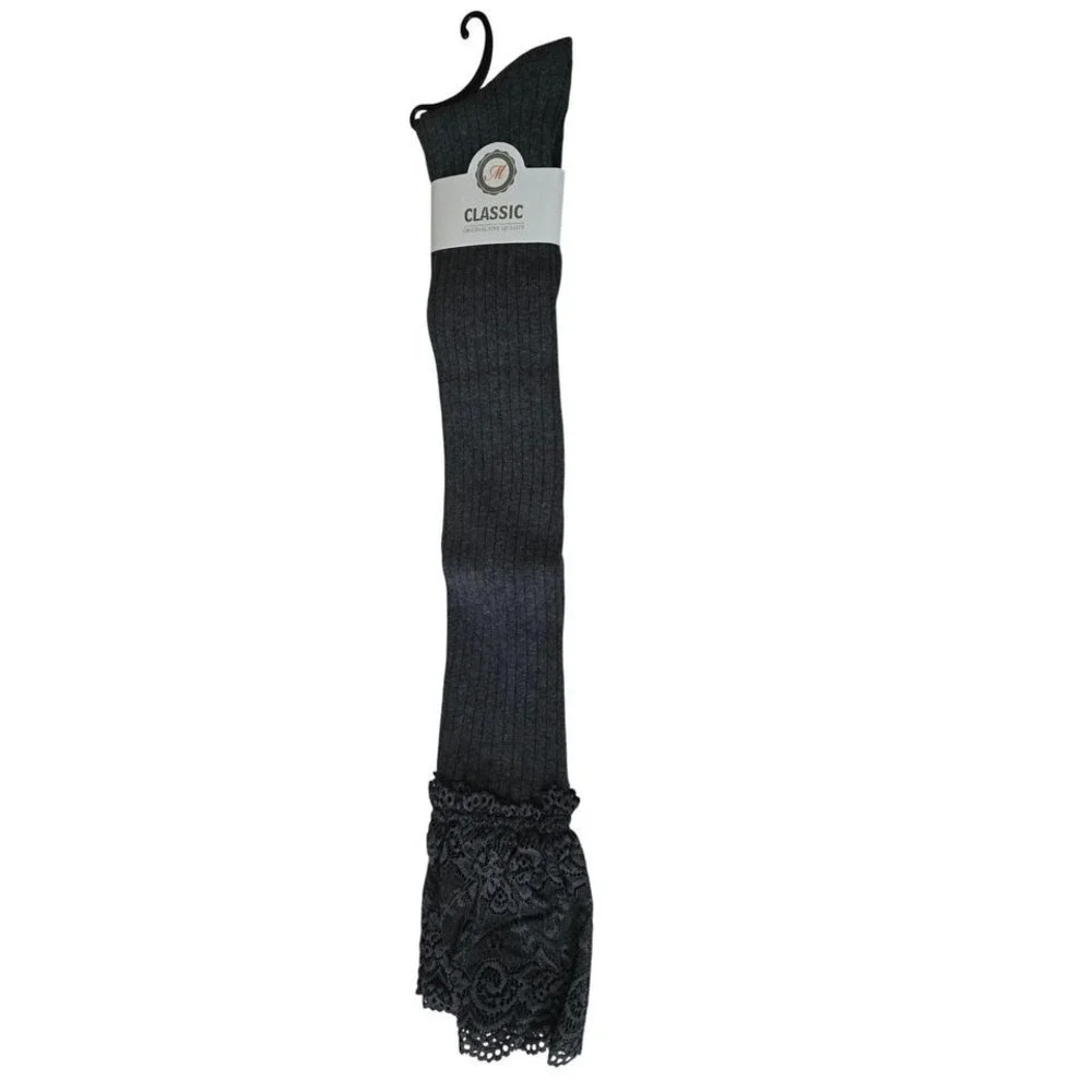 Classic Charcoal Grey Ribbed Over The Knee Socks with Floral Lace Trim NWT